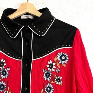 John Moon Texas Western Shirt Red Black Floral Fringe Small cowboy festival boho